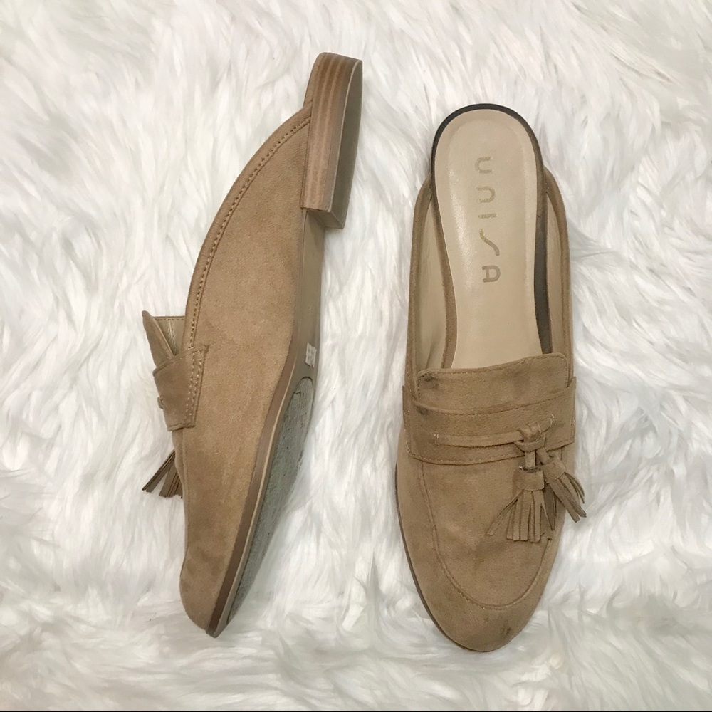 Unisa Tan Suede Mule Loafers with Tassels